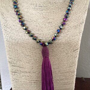 Iridescent Multicolored Beaded Necklace with Purple Tassel (19")